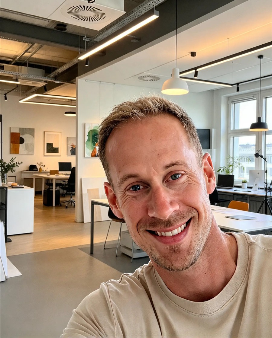 Anders Berendt Svendsen smiling, wearing a light shirt
